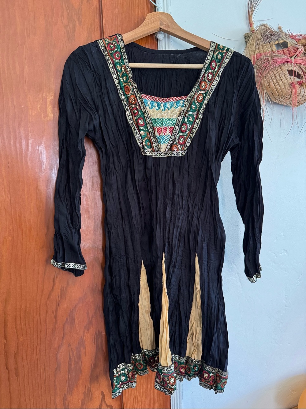 Black Long-Sleeve Embroidered Tunic Dress with Multicolor Trim